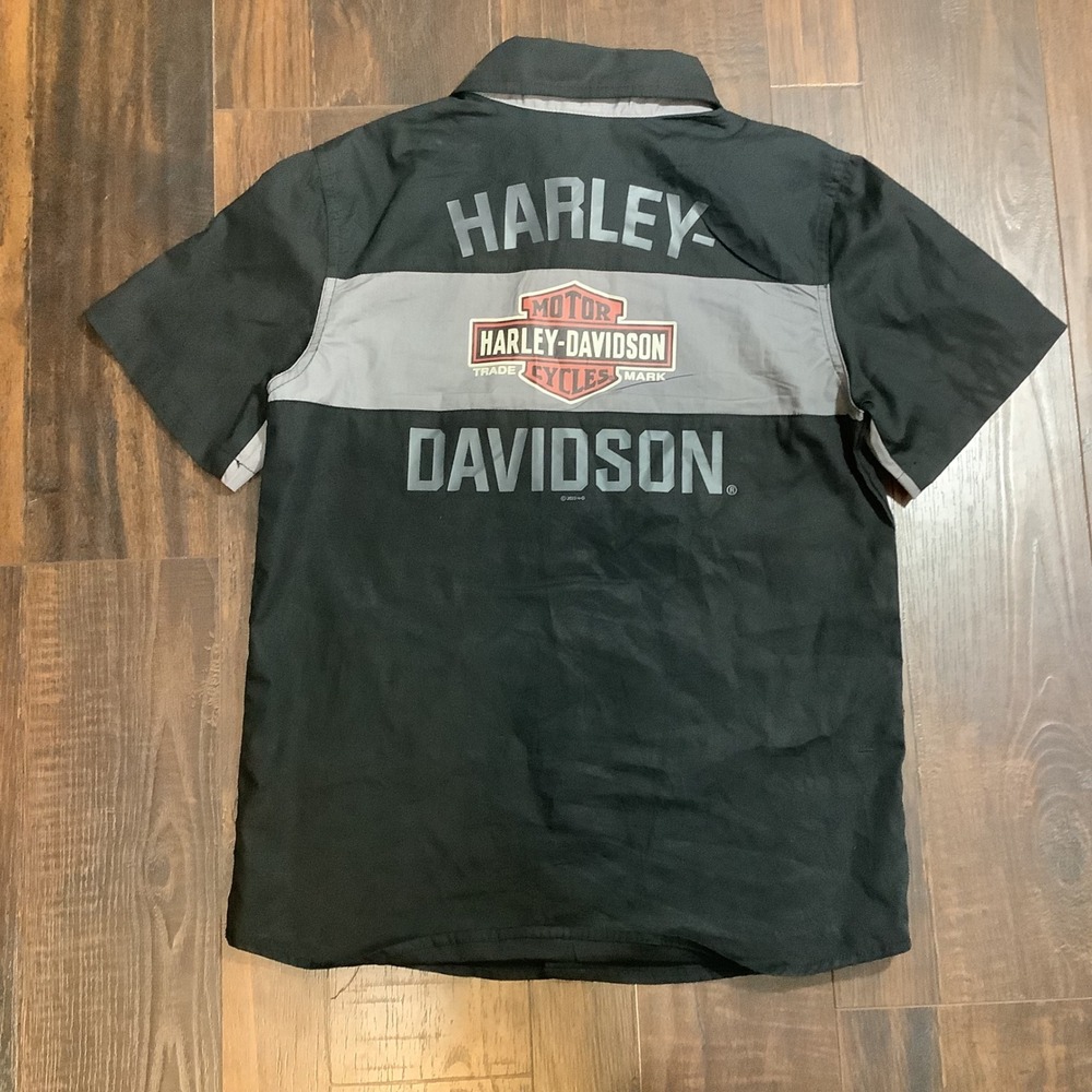 Harley Davidson Boys Black Grey Short Sleeve Button Up Shirt Size 12/14 Logo